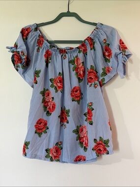 NWOT Elizabeth Blue Pinstripe Off-Shoulder Top with Red Rose Print
